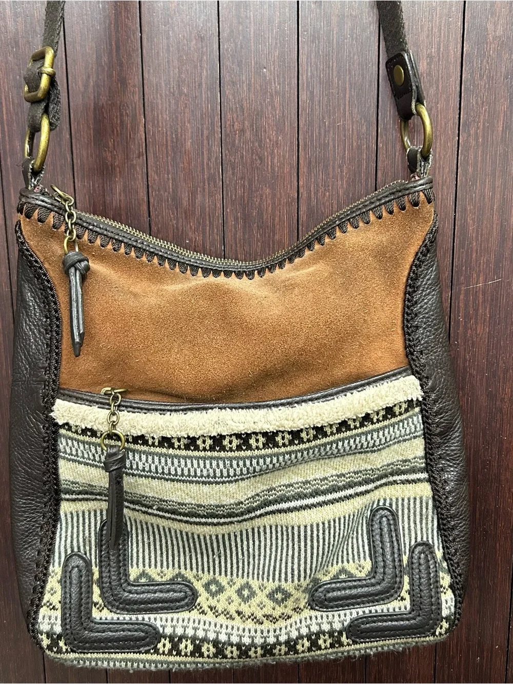 The Sak Leather Suede Crossbody Bag Boho Woven Striped Pocket Brown